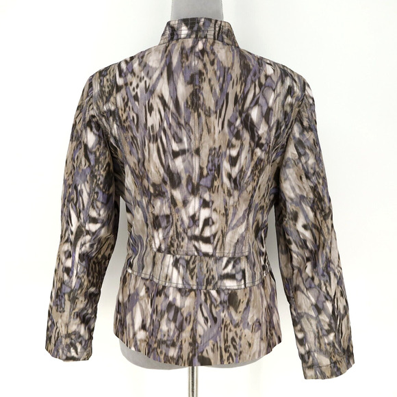 Chicos Jacket 1 Womens Medium 8 Blue Beige Nylon Blazer Ruffle Neck Career - Picture 2 of 15